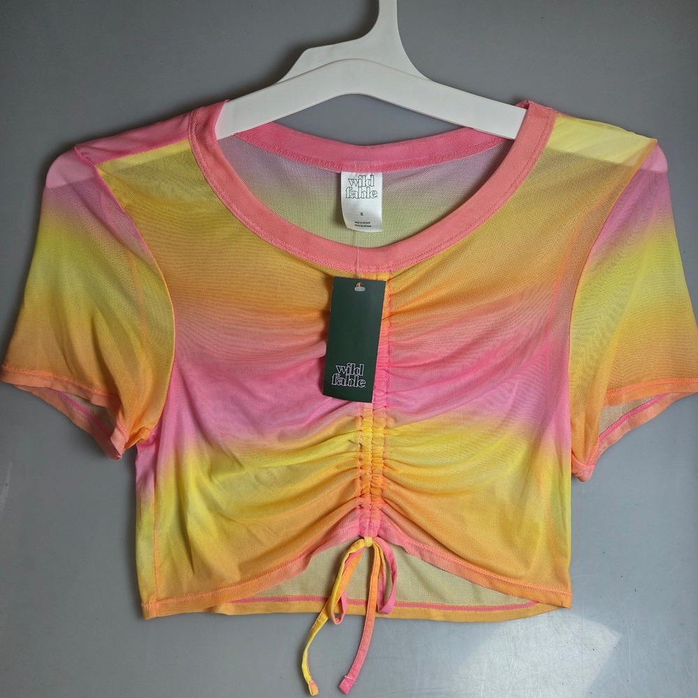 Wild‎ Fable Pink Yellow Ombre Mesh Ruched Front Crop Top Small NWT Sunset Tee